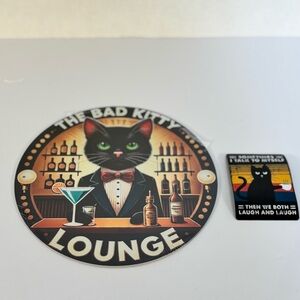 The Bad Kitty Lounge Round Bar Sign & Refrigerator Magnet Black & Tan Set